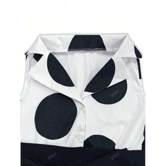 Women's Elegant V-Neck Polka Dot Contrast Color Pocket Sleeveless Casual Dress - Picture 7 of 9